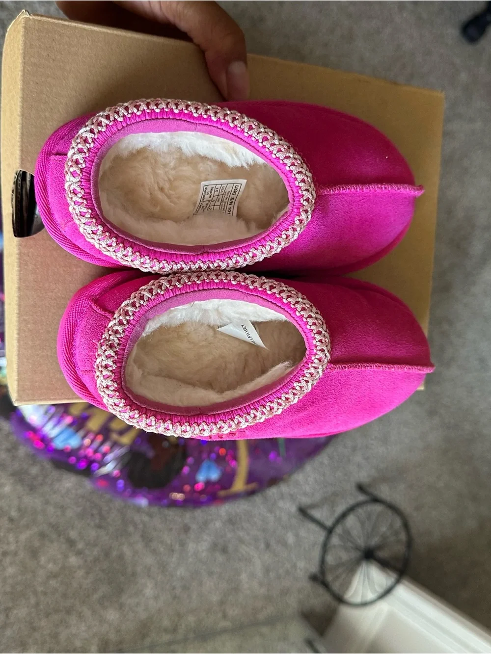 UGG Kids Bright Pink Suede Slip-On Slippers with Braided Trim